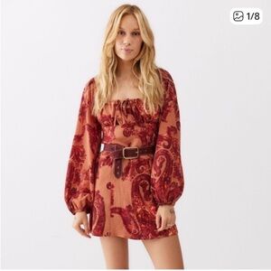 Urban Outfitters | Vivienne Long Sleeve Mini Dress Brown Red Motif Large New